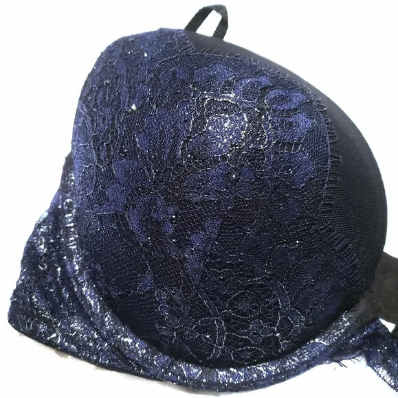 VICTORIA'S SECRET Shimmery Bling Blue Lace Black Very Sexy Push Up Bra Size: 36B - Picture 2 of 4